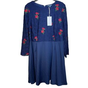 ModCloth Ready To Bloom Size 22 A-Line Navy Lace Floral Embroidered Long Sleeve